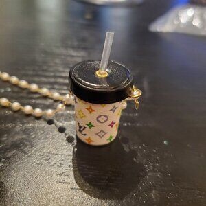 Louis Vuitton Style Tiny Drink Cup Charm Pearl Straw Chain NOT AUTHENIC! CUTE